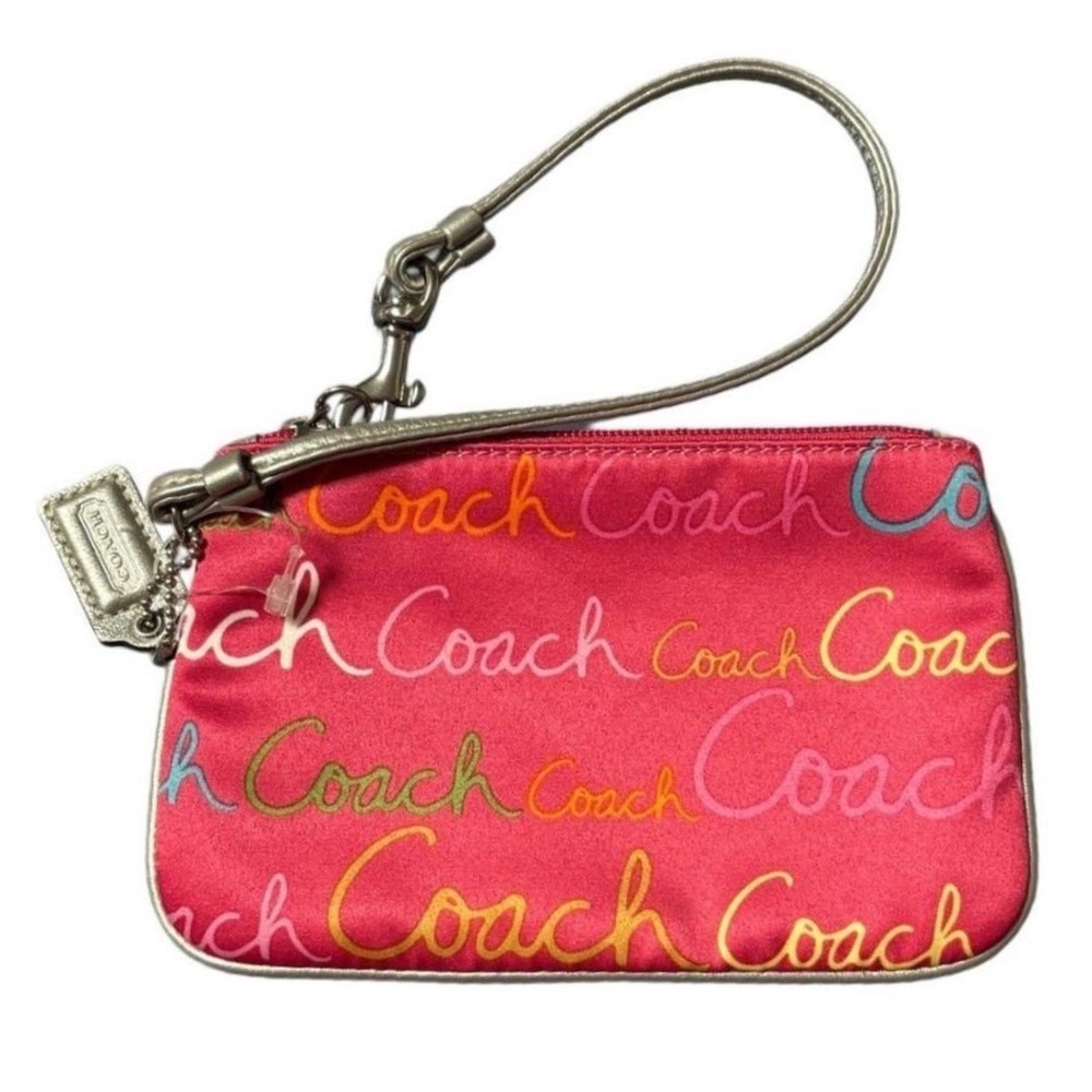 Coach Pink Satin Script Logo Wristlet Metallic Silver Trim Y2K Pouch Multicolor